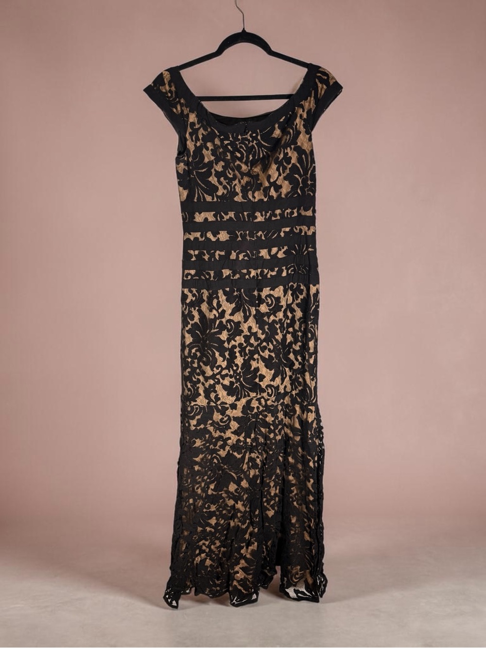 Tadashi Shoji Black Lace Maxi Gown with Nude Illusion - Picture 2 of 11
